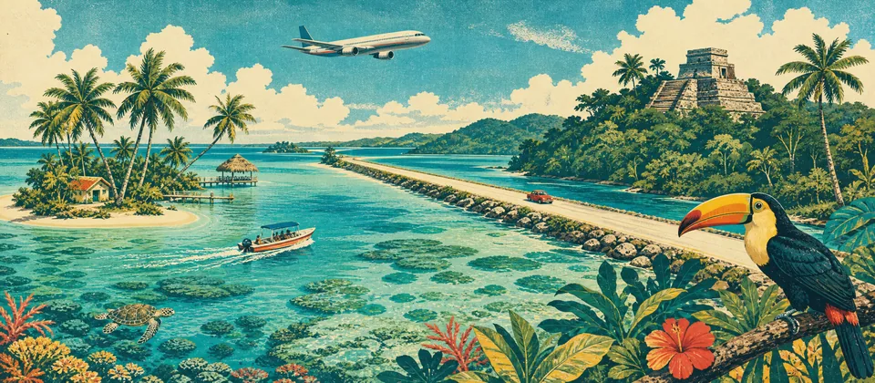 Illustration: a Belize reef lagoon with palm cayes, a causeway road, a boat, a toucan and a Mayan temple