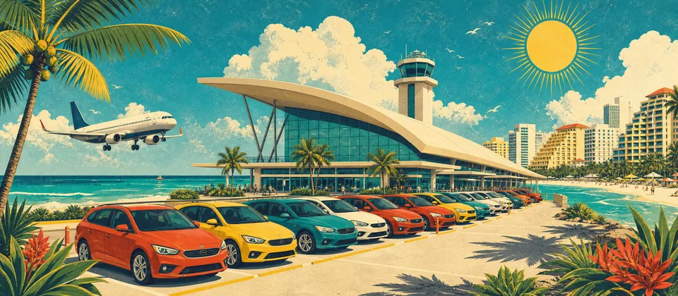 Illustration: a plane on approach to Cancun airport, the terminal, a row of rental cars and the hotel zone