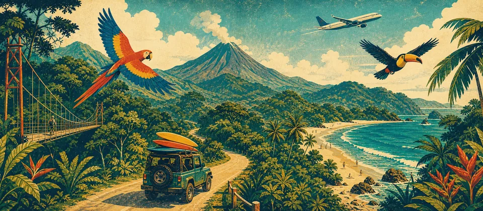 Illustration: Costa Rica rainforest, a macaw, a toucan, a volcano, a beach and a 4x4 with surfboards