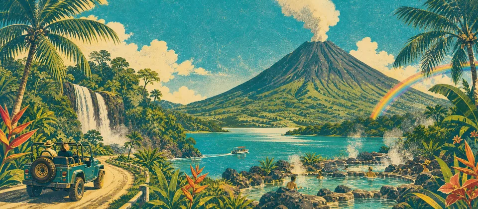 Illustration: Arenal volcano above a lake road, a waterfall, hot springs and an open 4x4