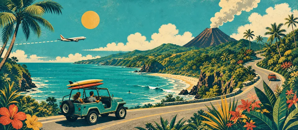 Illustration: a small open 4x4 with surfboards on a winding coastal road, a volcano and a plane overhead