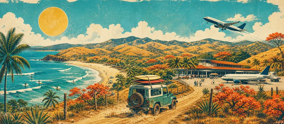 Illustration: Guanacaste's golden hills and Pacific beach, a small airport with a jet and a 4x4 with surfboards