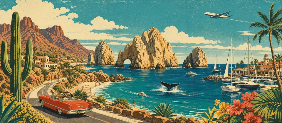 Illustration: the rock arch at Los Cabos, a marina, a whale tail and a red convertible on the coast road