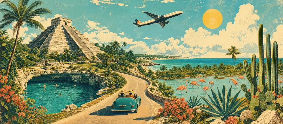 Illustration: a Mayan pyramid, a cenote, flamingos, cacti and a small open car on a coast road