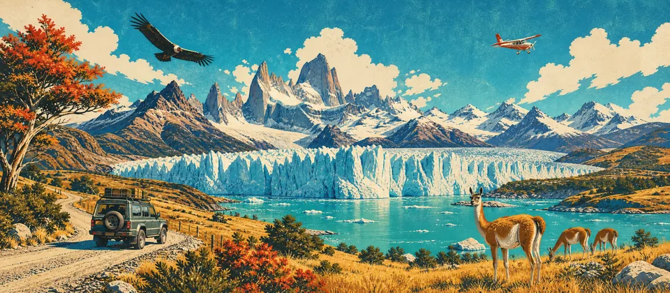 Illustration: a blue glacier meeting a turquoise lake near El Calafate, guanacos, a condor and a 4x4