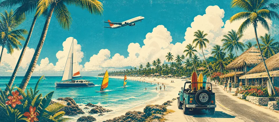 Illustration: a white beach with palms, a catamaran and an open jeep with surfboards on a palm-lined road