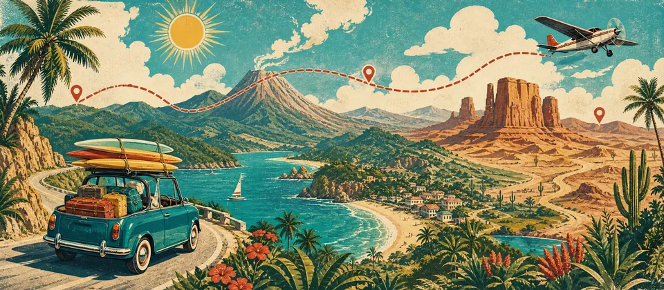 Illustration: a packed little car with surfboards on a route over jungle, coast, volcano and desert, with a plane