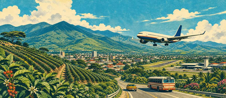 Illustration: a plane landing over the green Central Valley, coffee farms, the city and San Jose airport