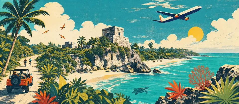 Illustration: the Tulum clifftop ruin above turquoise water, a jungle road with an open jeep and a plane overhead